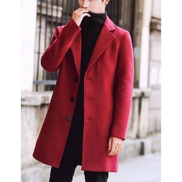 Men's Red Wool Blend Pea Coat Notched Collar Single Breasted Overcoat